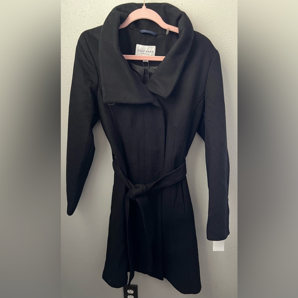 New COLE HAAN Belted Wool Blend Long Coat in Black Women’s Size 10 - Picture 3 of 11